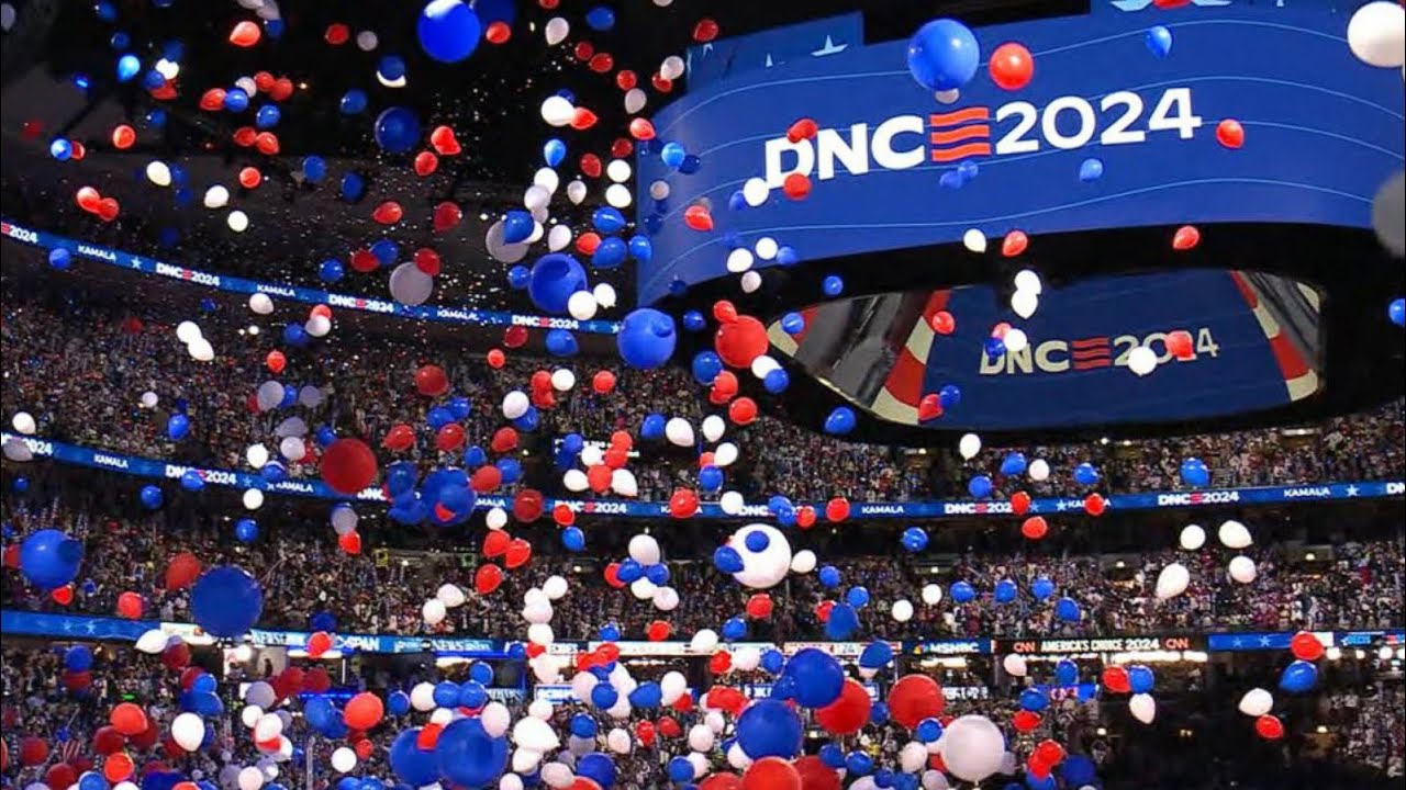 100,000 balloons drop on crowd at the conclusion of the DNC