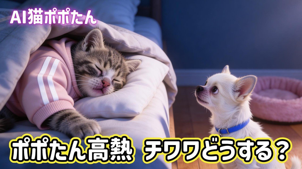 AI猫ポポたん 高熱を出して寝込んでしまう！ その時、愛犬チワワはどうするのか？