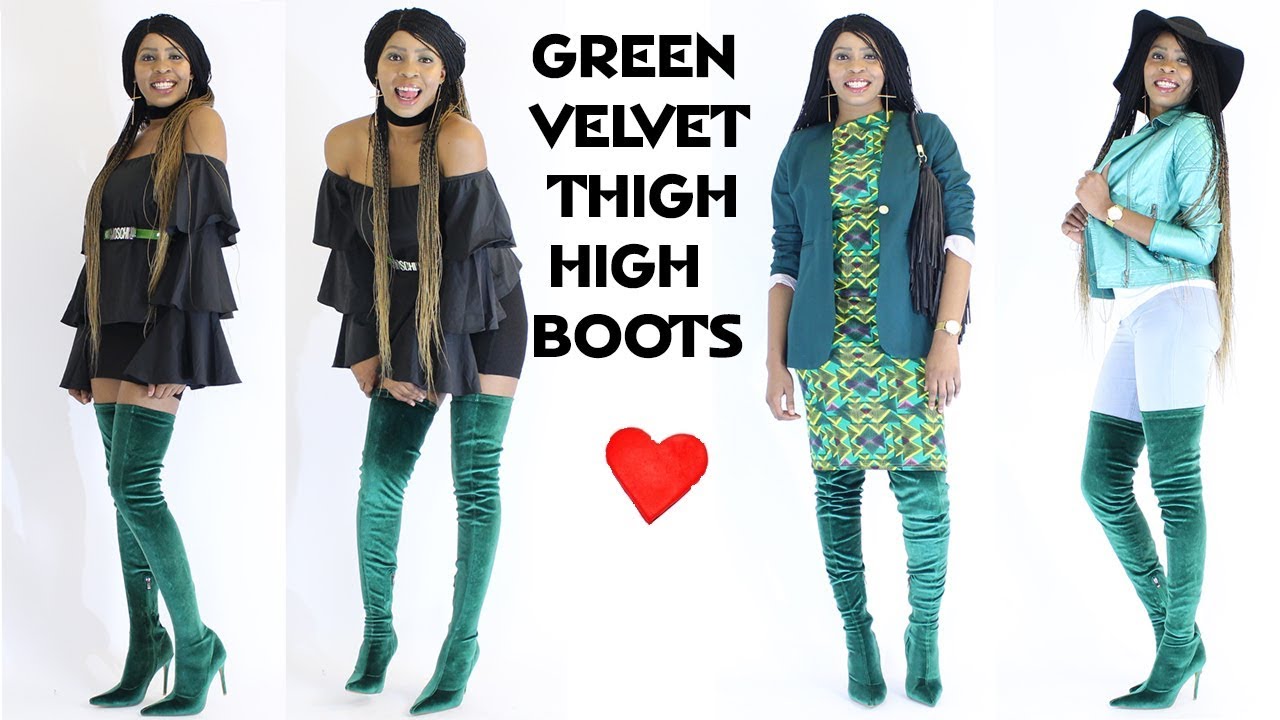 green velvet thigh high boots