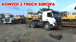 Konvoi Tiga Truck Eropa Volvo Fmx480 Dan Scania R580 Muatan Excavator