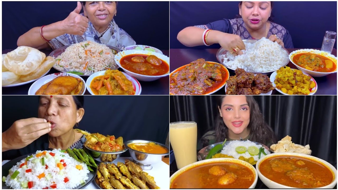 MUKBANG SHOW 👌 EATING SPICY 🔥 EGG CURRY FISH JHAL FRIED RICE PURI ALU FULKOPI FRY PAKODE 🤤