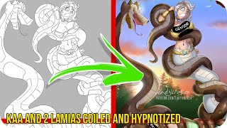 Kaa and 2 Lamias Coiled and Hypnotized - Steps Digital Painting Tutorial