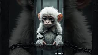 The Baby Monkey Was Tied By An Iron Chain And Could Not Escape.