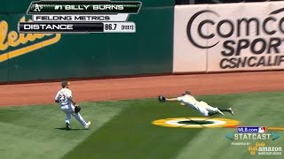 TEX@OAK: Statcast tracks Burns' incredible catch