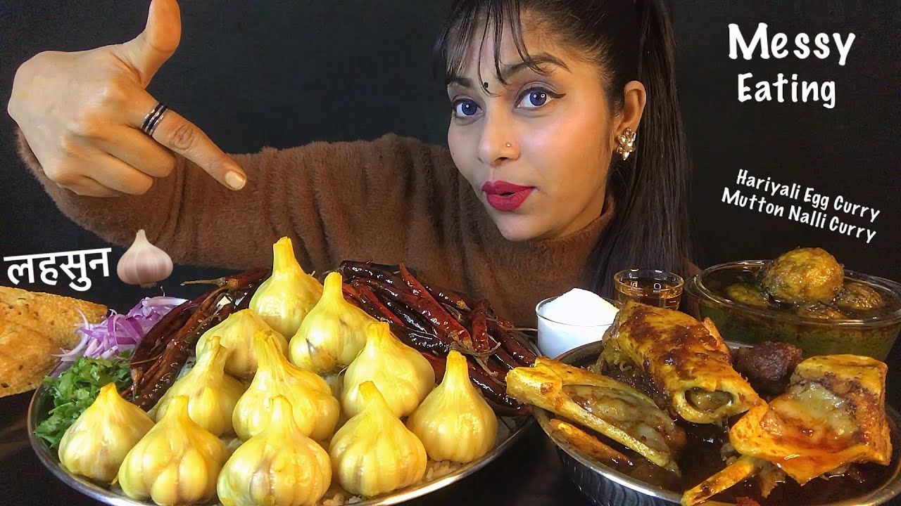 ASMR EATING BHAT SPICY MUTTON NALLI CURRY HARIYALI EGG CURRY LAHSUN BHARTA PAPAD | MESSY EATING SHOW