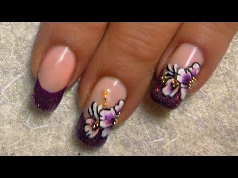Deep purple french and one stroke flowers