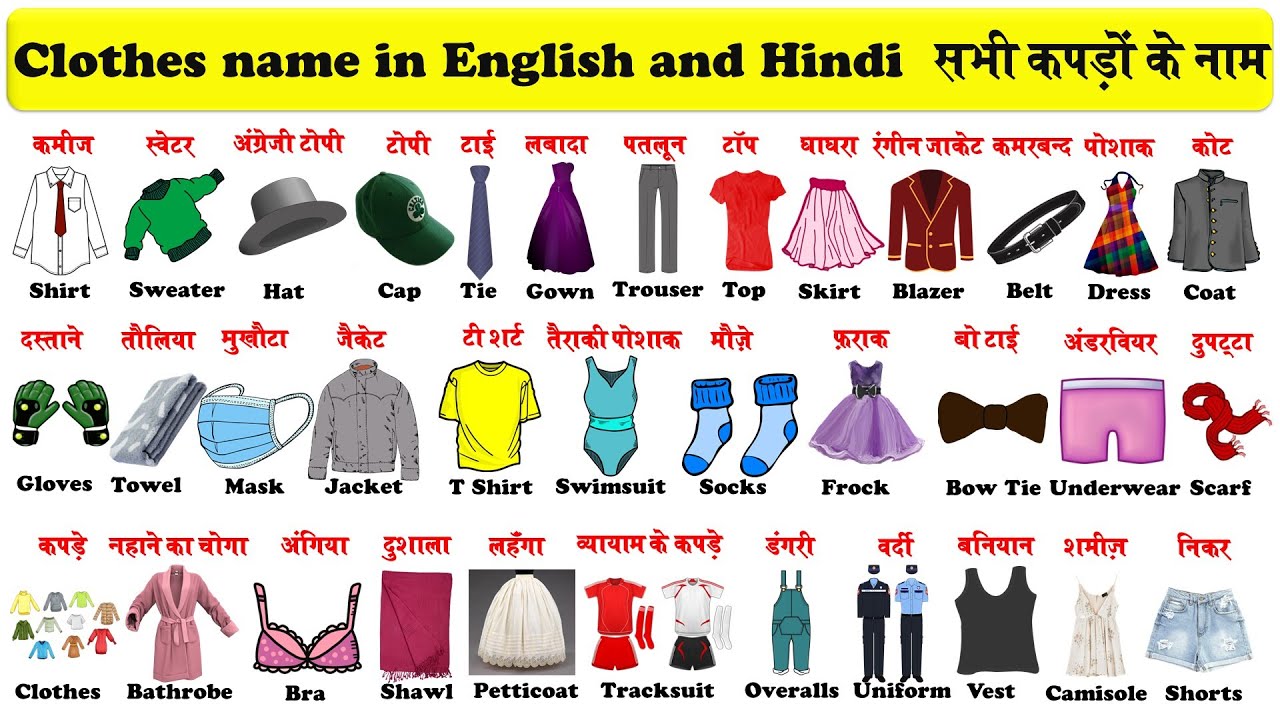 CLOTHES NAME IN HINDI AND ENGLISH WITH PHOTOS | NAME OF CLOTHES WITH  PICTURES | CLOTHING VOCABULARY | In this video, you will learn about the  Name of Clothes in Hindi and