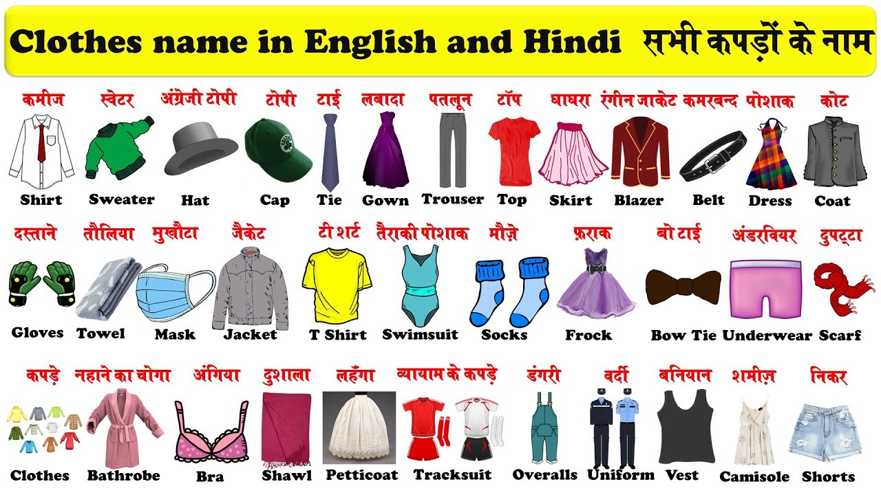 Clothes Name in English and Hindi With Pictures and Pdf, सभी कपड़ों के नाम  हिंदी और अंग्रेजी में