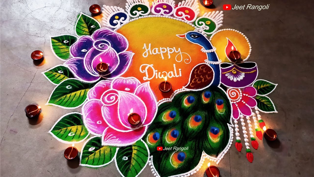 Big, multicolored, rose peacock and Diya rangoli for Diwali ...