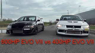 400HP Lancer EVO VII RS II FQ300 vs 600HP Lancer EVO VII - Turbo Lag, Flames, Screamer Pipe ETC!