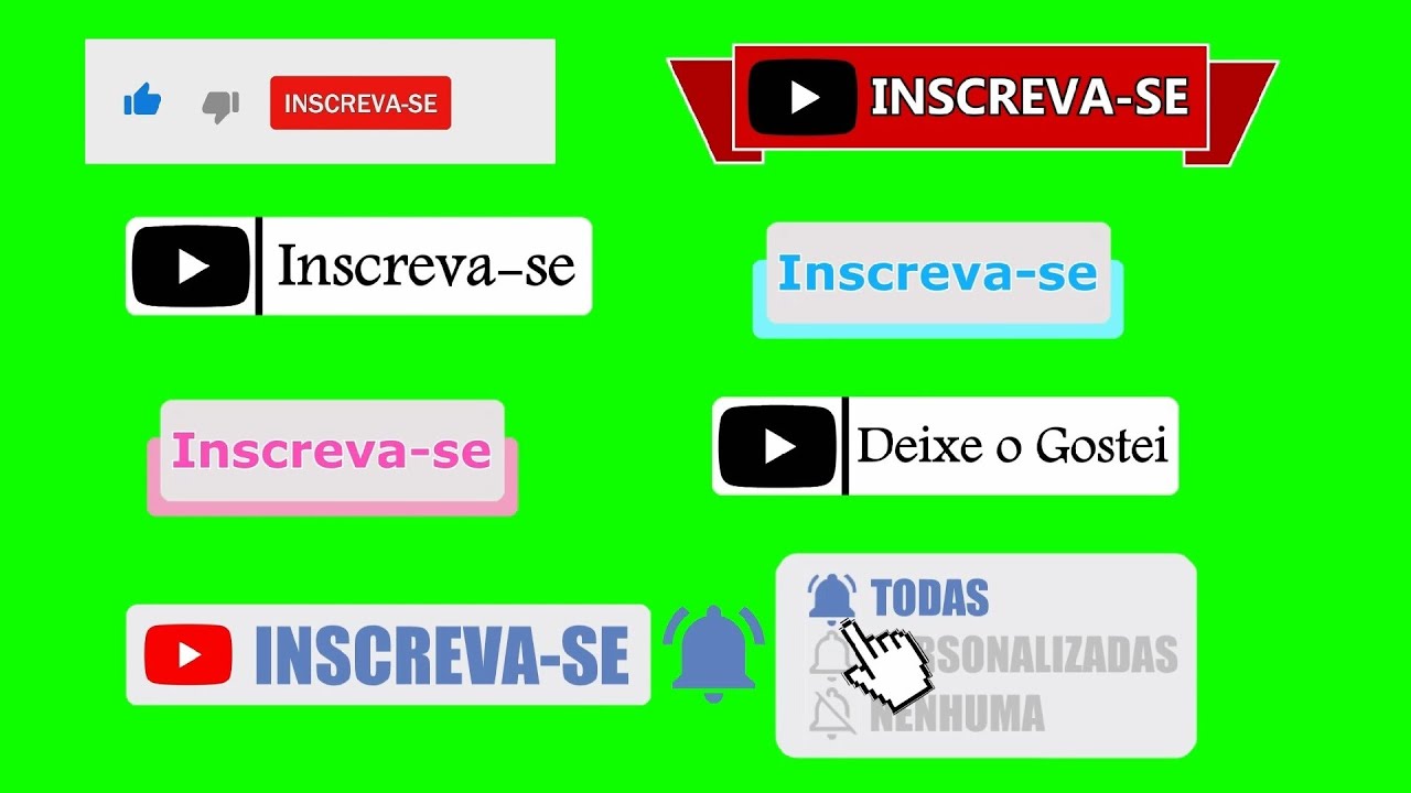 Green Screen Inscreva-se [Botão com opções] Like, compartilhe, Inscrito e  Notificações / Chroma Key 