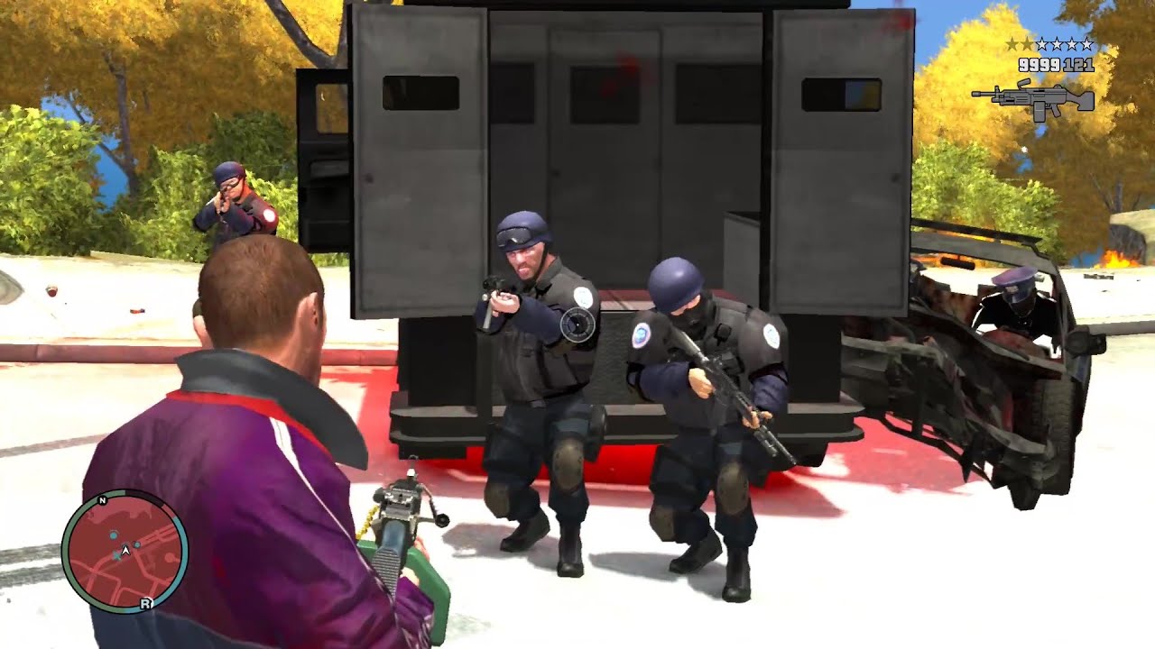 GTA 4 - NIKO | SHOOTOUT AT DUKES BAR BRIDGE + FIGHT WITH SWAT & POLICE  + FOUR STARS