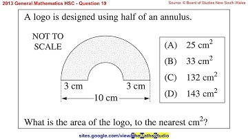 2013 General Maths HSC Q19 Find area of half of an annulus given diameter of outer circle
