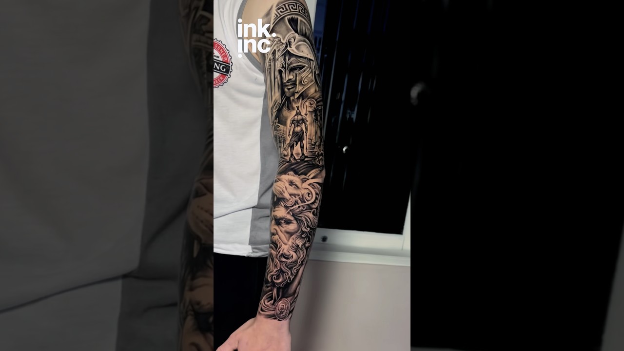 Greek Warrior Full Sleeve Tattoo | Realistic Black & Grey Masterpiece 