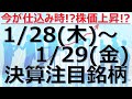 【1/28(木)~1/29(金)決算注目銘柄】今が仕込み時!?株価上昇の期待、成長株、グロース株、決算スケジュール、株式投資のご参考に