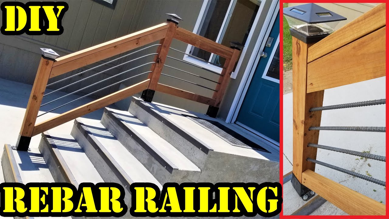 How To Install Railing On Concrete Porch DIY Custom Rebar & Wood Railing for concrete stairs - YouTube