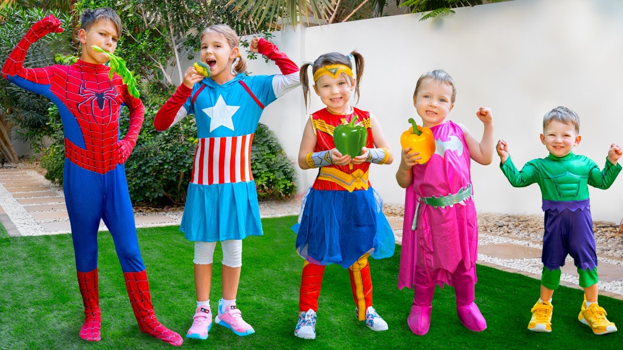 Five Kids Superheroes and Healthy Food  more Childrens Songs and Videos