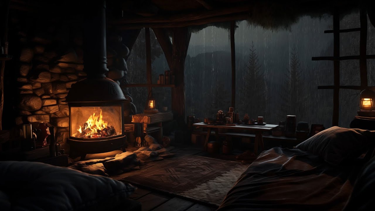 Deep Sleep Cabin Rain Sounds 🌧️ Crackling Fireplace for Cozy Nights ...