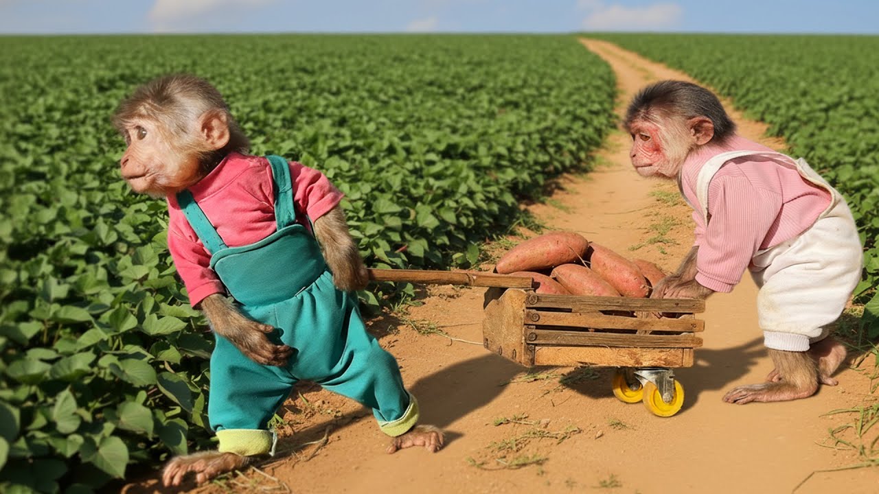 Monkey Bon & Moon Work Hard Digging Potatoes – But the Result Was Worth It!