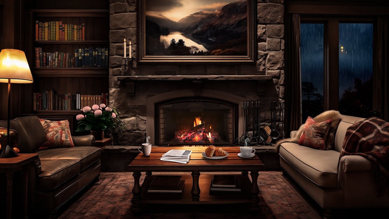 Cozy Victorian Living Room Ambience Stormy Night Heavy Rain and Thunder ...