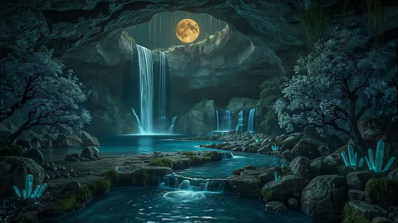 Enchanted Blue Crystal Cave under a Full Moon | Relaxing Waterfall & Stream Sounds for Sleep & Calm