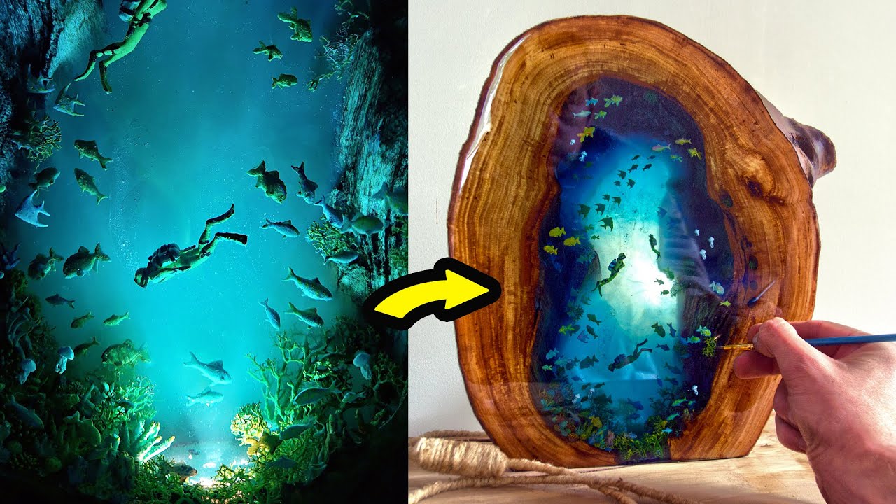 DIY Resin Lamp 🤿 Resin diorama Scuba Diver / Resin Night Lamp ideas / Wood lamp / Resin tutorial