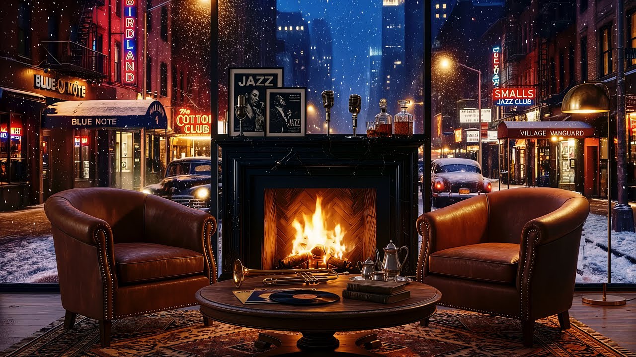 Атмосфера нью-йоркского джаза у камина ❄️ Уютное зимнее кафе, потрескивание огня и расслабляющая джа