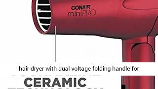 Athlete Statistics Conair miniPRO Tourmaline Ceramic Hair Dryer with Folding Handle, Travel Hair Dryer, Red (263SR)