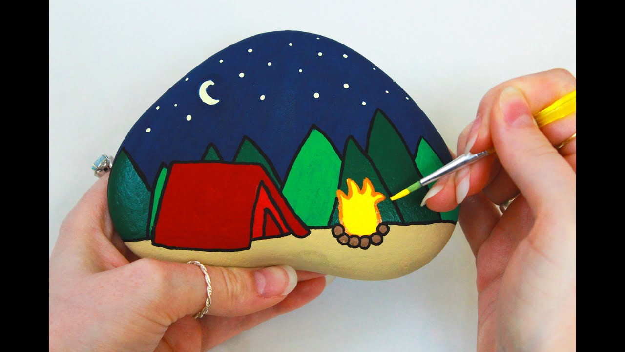 Camping Painted Rock | Step-by-Step Tutorial - YouTube