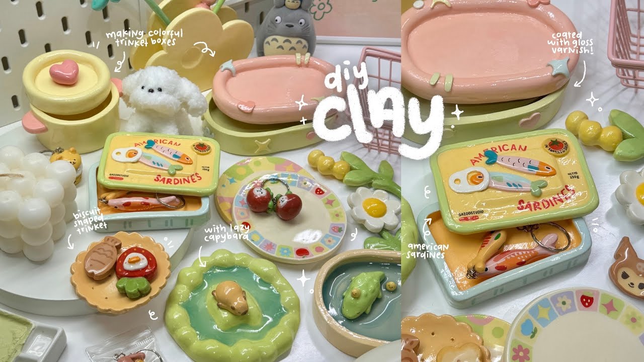 making clay trinket dishes and boxes🐟🌸🌿🐥 using air dry clay / no bake