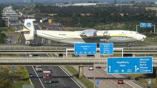 ANTONOV AN22 crossing the MOTORWAY - The biggest Propeller Plane worldwide - DEPARTURE + LANDING