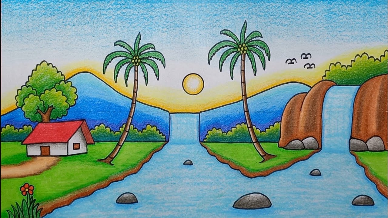 Cara Menggambar Pemandangan Gunung Air Terjun | Menggambar Pemandangan Air Terjun