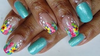 SHORT NAILS Teal Floral Nail Art Design