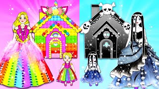 [🐾paper diy🐾] Rainbow Rapunzel vs Black Sadako Mother & Daughter POP IT House | Barbie's New Home