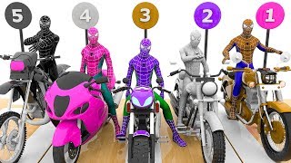 Spidermen Riding Motorcycles hit Colors Balls - Learn Colors Video for Children