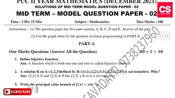 2nd PUC Mathematics Mid Term Examination Question Paper With Answers December 2021-22-Class Series