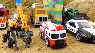 Team fire truck police car and excavator rescue construction vehicle toy - Bibo toys