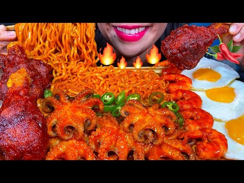 ASMR SPICY SEAFOOD NOODLES, OCTOPUS, RED SHRIMP, FRIED CHICKEN, EGG MUKBANG MASSIVE Eating Sounds