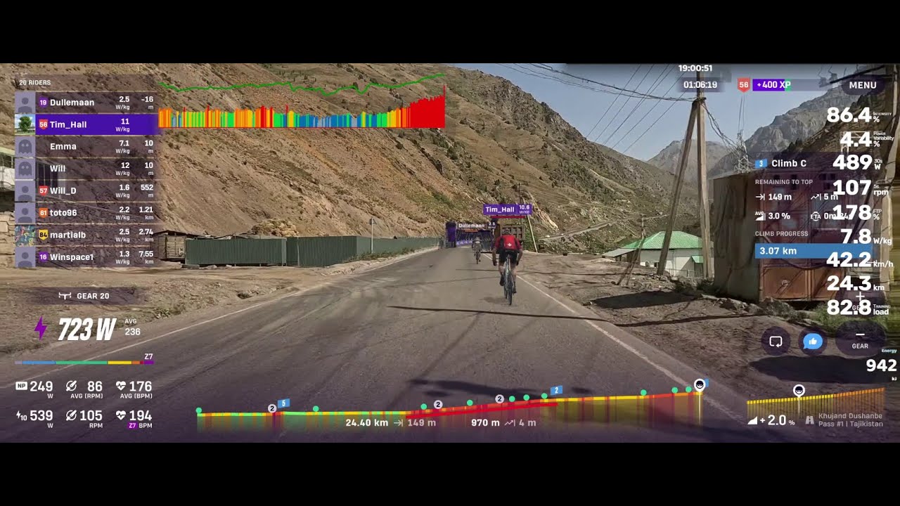 Rouvy - Training - 20251231 - 1h6m Hill Climb Race Sim (TarHR = 181) & 1h10m Eff Dev (TarHR = 151)