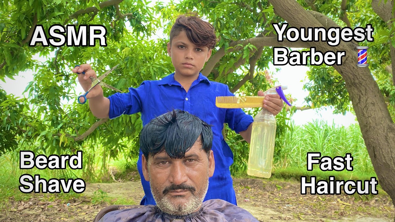 ASMR youngest Barber 💈 In the world 🌍 fast haircut 💇 with beard shave