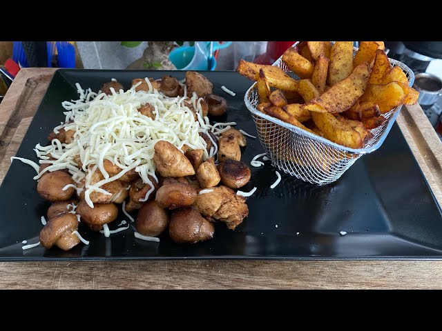 Chicken with Mushrooms, Mozzarella and French Fries  | High protein | Pre Workout Meal | Easy prep class=