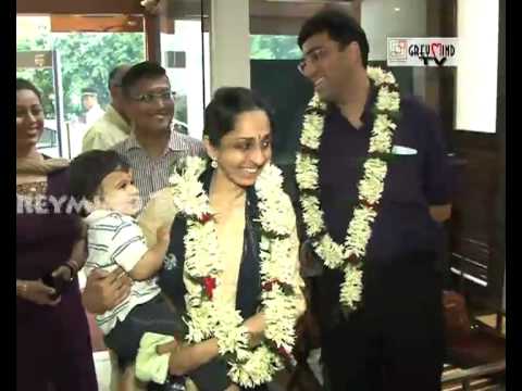 Former World Chess Champion Viswanathan Anand with his wife Aruna and son  Akhil arrives at