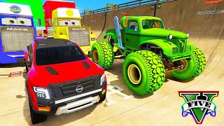 Spiderman Cars Monster Trucks Mega Cliff Ramp Jump Challenge ! Superhero Goku Jeep Stunts - Gta V