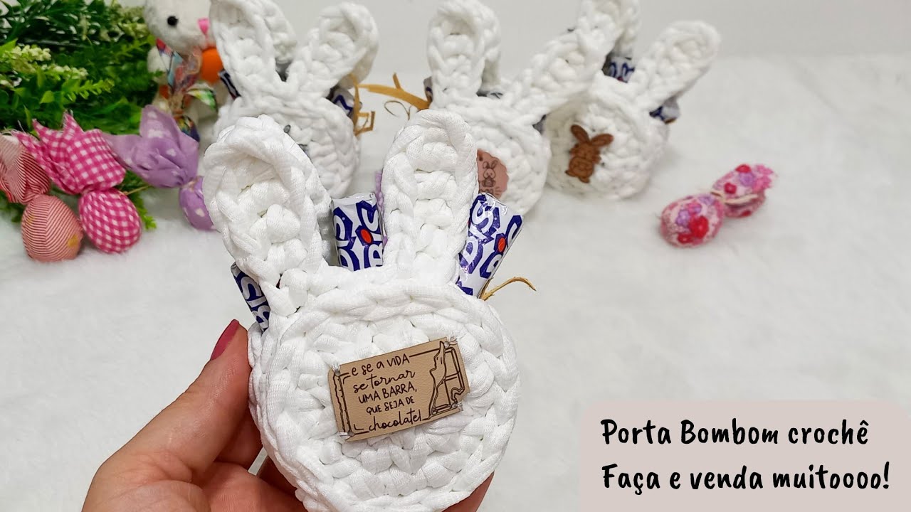 Porta bombom coelho feito com fio de malha em crochê /lembrancinhas de Páscoa.