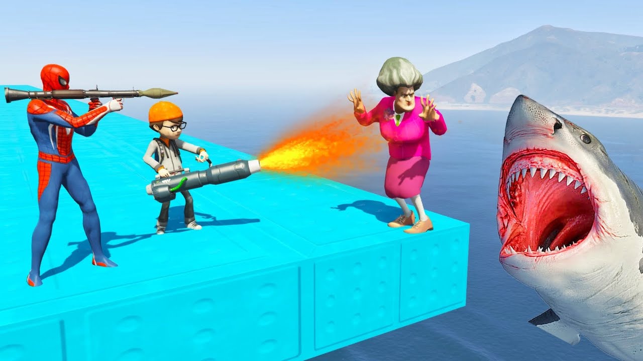 Scary Teacher 3D - Spiderman blew up Miss'T house - Hungry Shark in the Sea (Nick and tani Rescue)