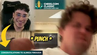 Magnus Carlsen being so Angry \u0026 Punched Alireza Firouzja in the Camera after becoming the CHAMPION