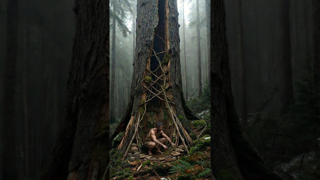 Primitive Tree Hollow Home – Built by Hand in 10,000 BC | Accelerated ASMR Construction
