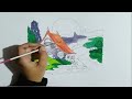 Draw a landscape painting with pencil and color it in steps