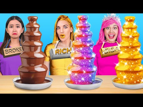 RICH vs BROKE vs GIGA RICH CHOCOLATE FOUNTAIN || 100 Layers of FOOD in One Color by 123GO! CHALLENGE