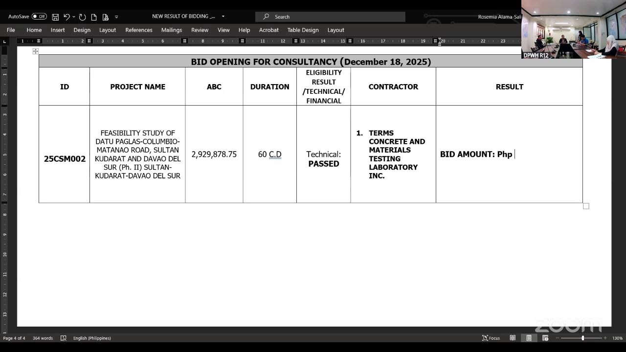 Bid Opening of Financial Proposal (December 18, 2025)